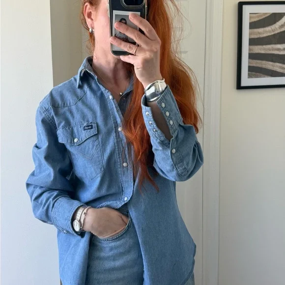 Vintage WRANGLER Denim Button-Up Shirt men’s size L - Picture 6 of 10